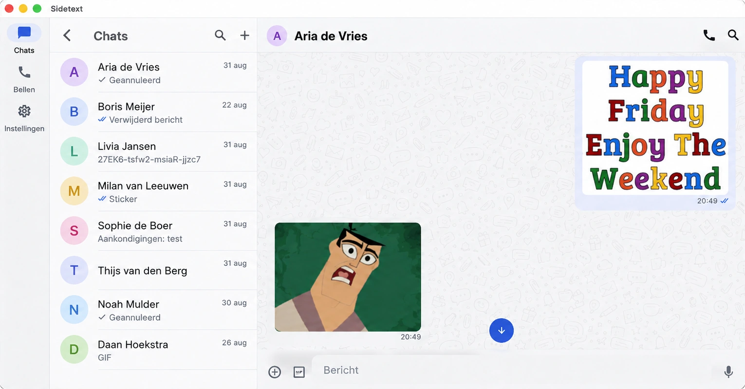 Sidetext op een Mac: de gesprekkenlijst naast een geopend gesprek